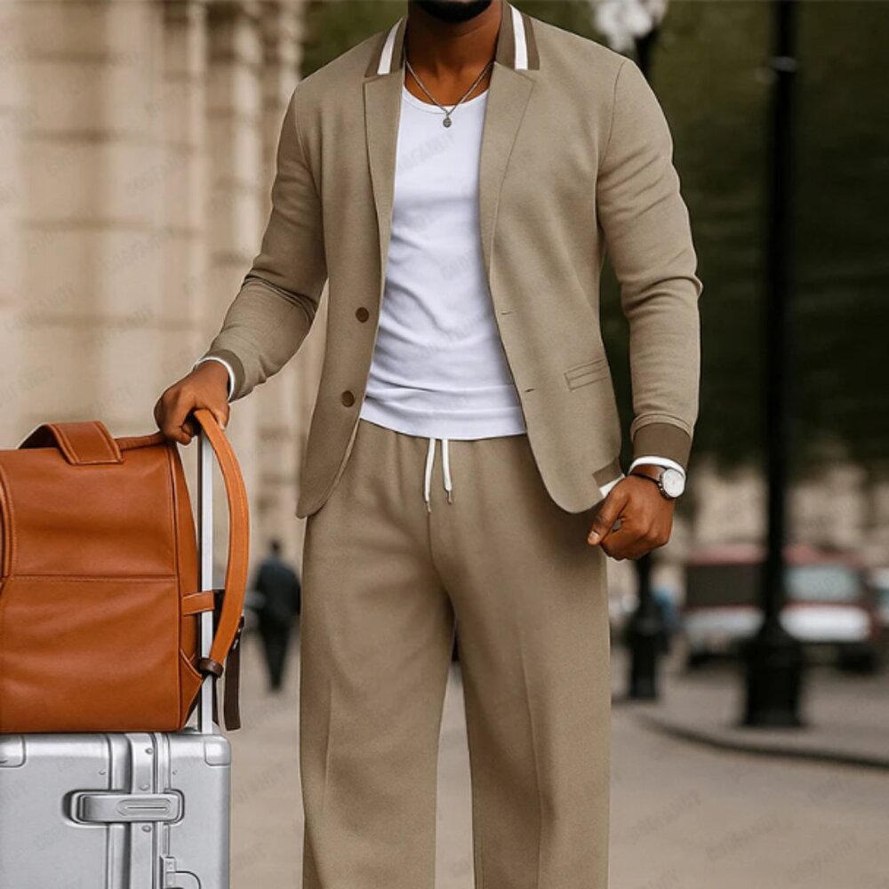 COOFANDY Casual Contrast Collar Blazer + Pants Set in Khaki Mens Medium